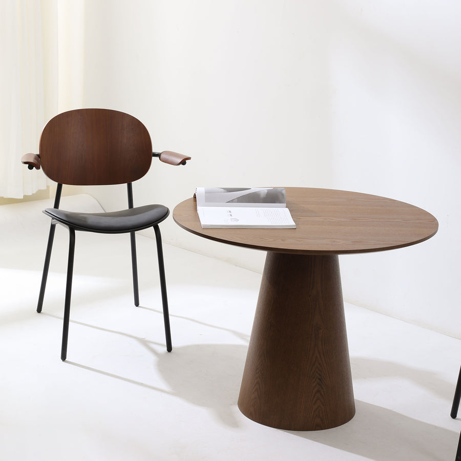 Japandi ash wood veneer round dining table amalfy in white background.