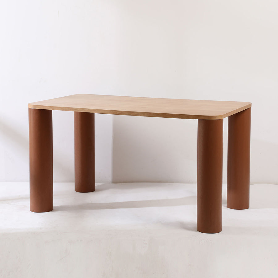 Japandi oak wood veneer dining table pillar in white background.