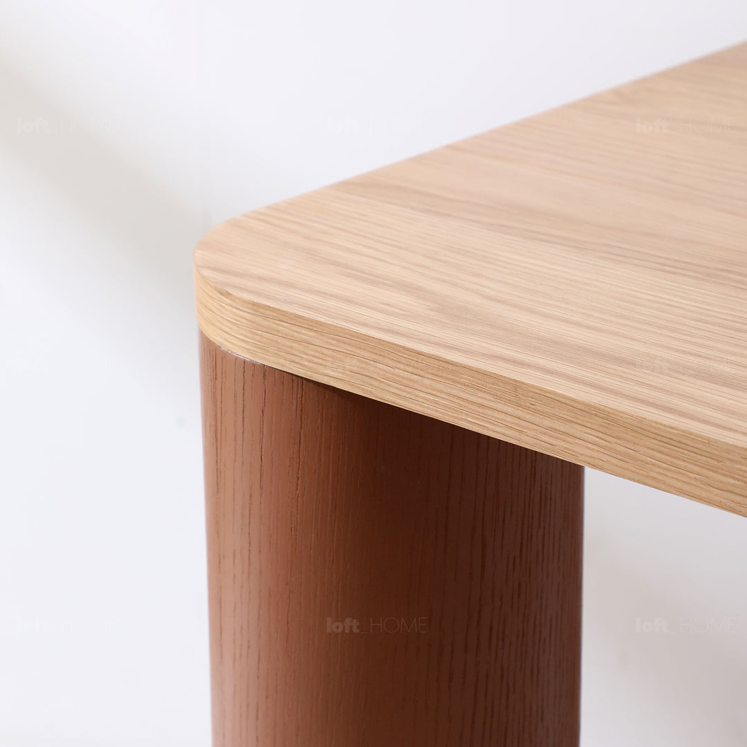 Japandi oak wood veneer dining table pillar color swatches.