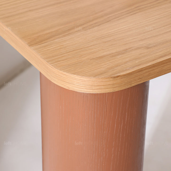 Japandi oak wood veneer dining table pillar material variants.