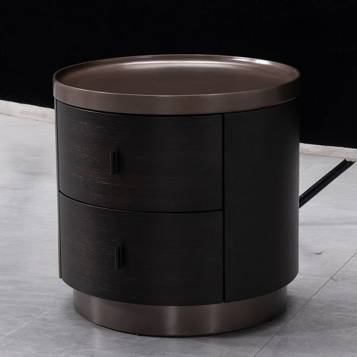 Japandi plywood round side table dusk material variants.