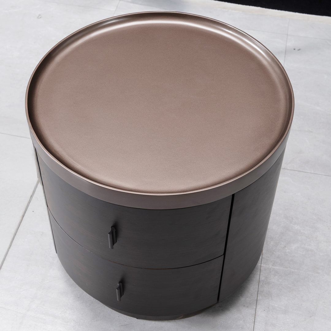 Japandi plywood round side table dusk in real life style.