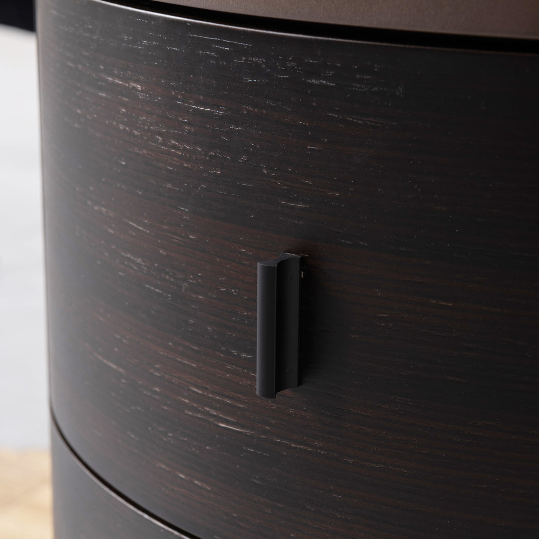 Japandi plywood round side table dusk with context.