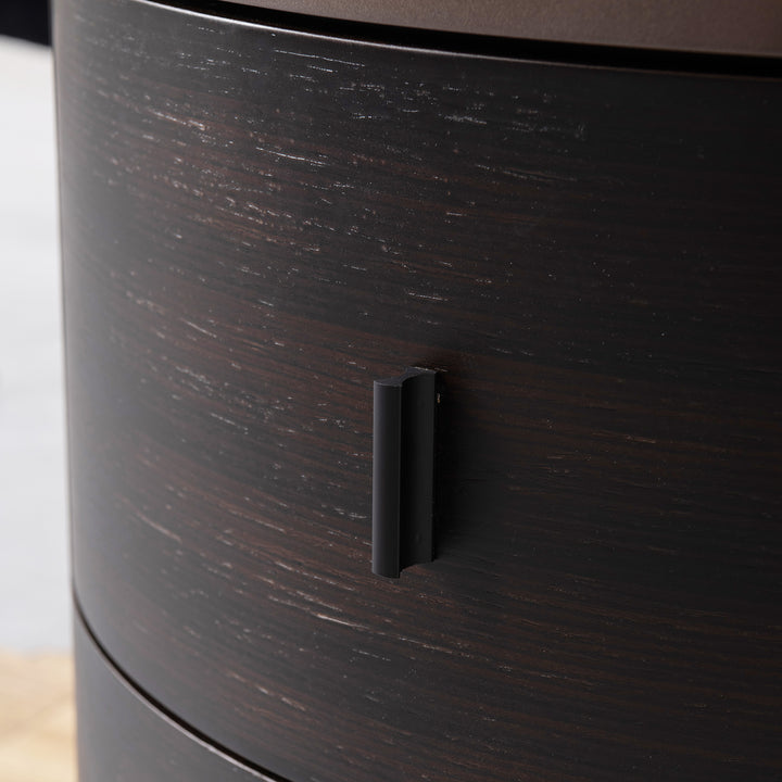 Japandi plywood round side table dusk with context.