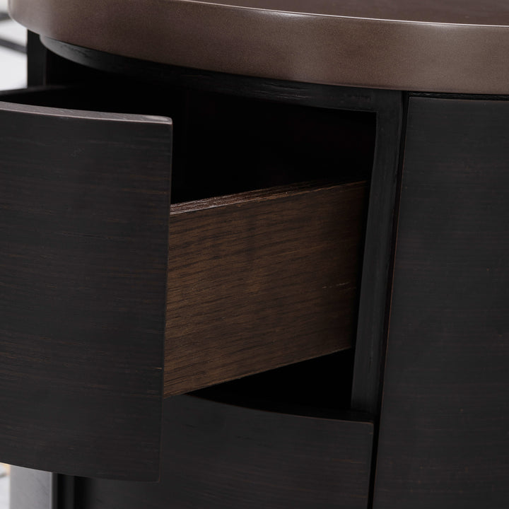 Japandi plywood round side table dusk in close up details.
