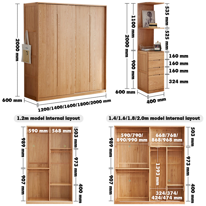 Japandi Wood Wardrobe BELLE SLIDE Size Chart