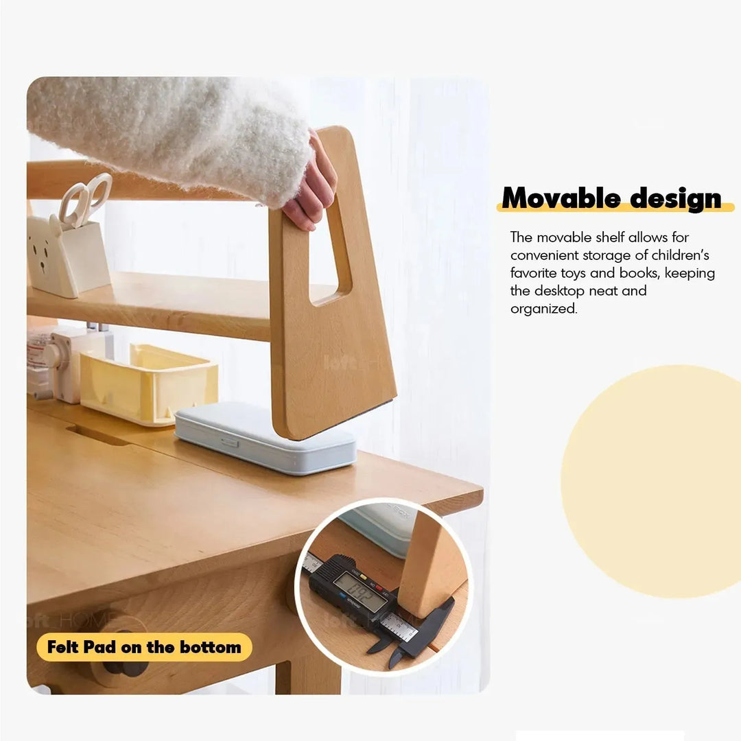 Scandinavian wood kids study table lift in panoramic view.