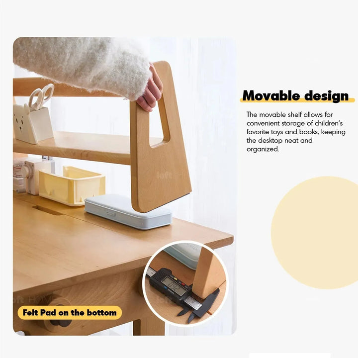 Scandinavian wood kids study table lift in panoramic view.
