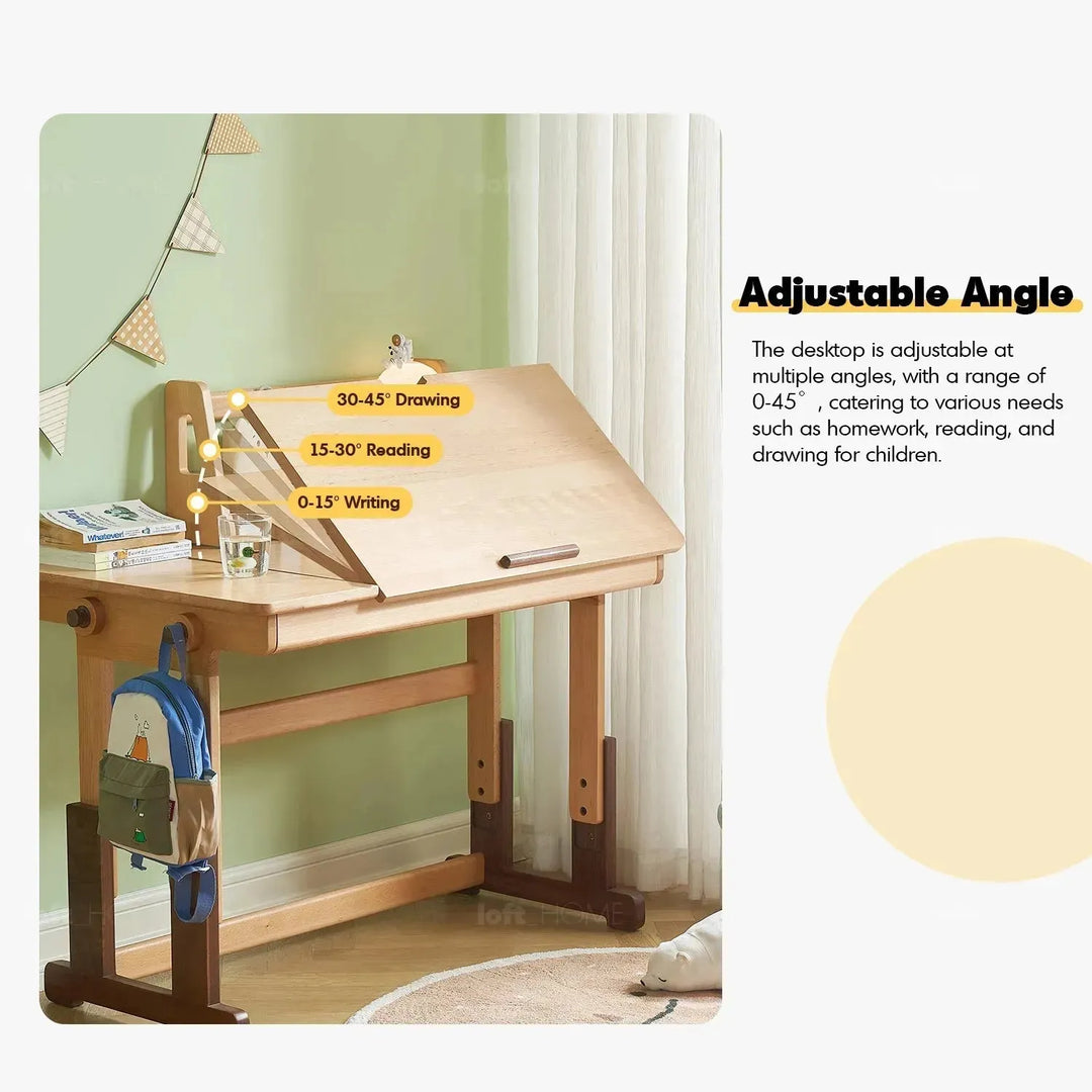 Scandinavian wood kids study table lift in still life.