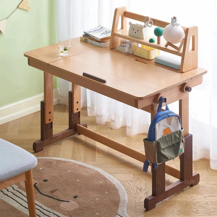 Scandinavian wood kids study table lift in details.