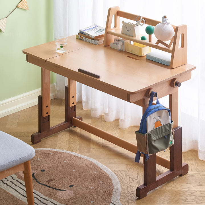 Scandinavian wood kids study table lift in details.