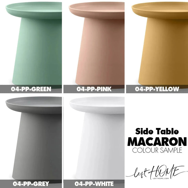 Contemporary plastic side table macaron color swatches.
