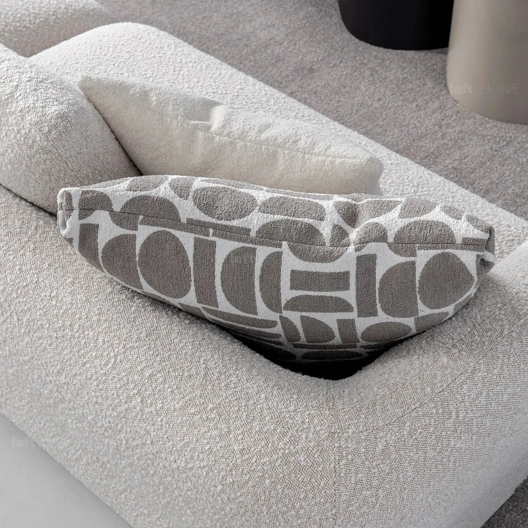 Modern boucle fabric 4 seater sofa couch in details.