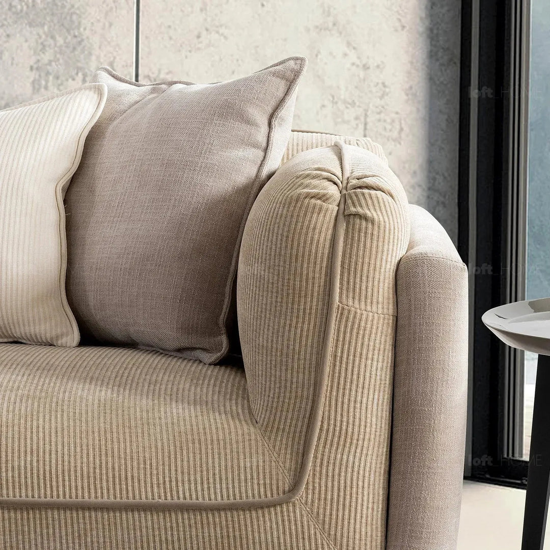Modern corduroy velvet fabric 4 seater sofa fluff in panoramic view.