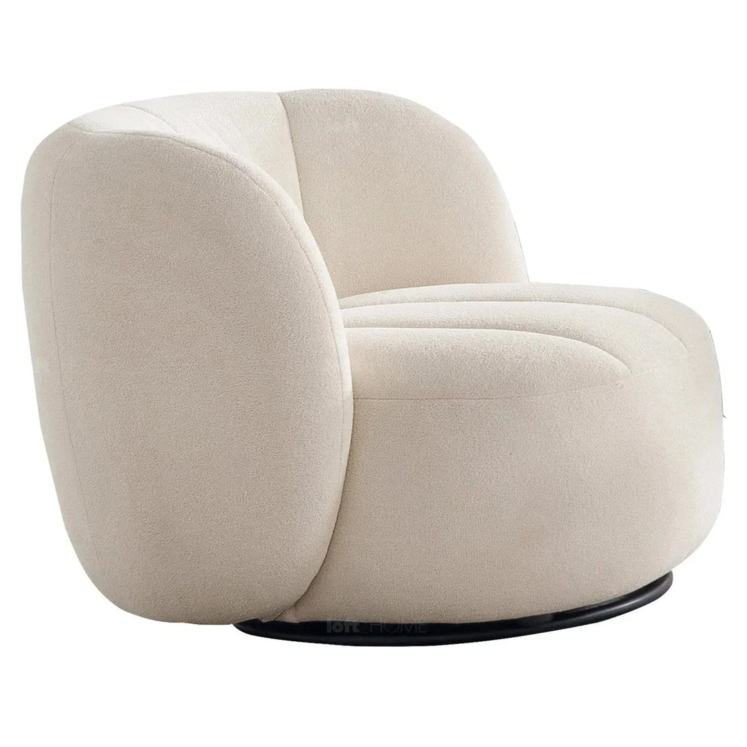 Cream sherpa fabric revolving 1 seater sofa gown with context.