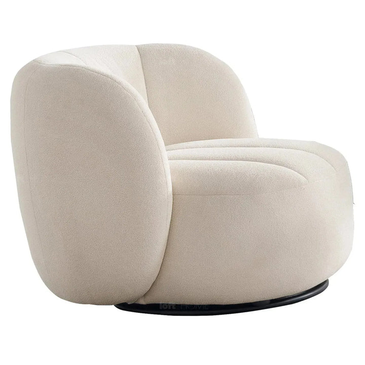 Cream sherpa fabric revolving 1 seater sofa gown with context.