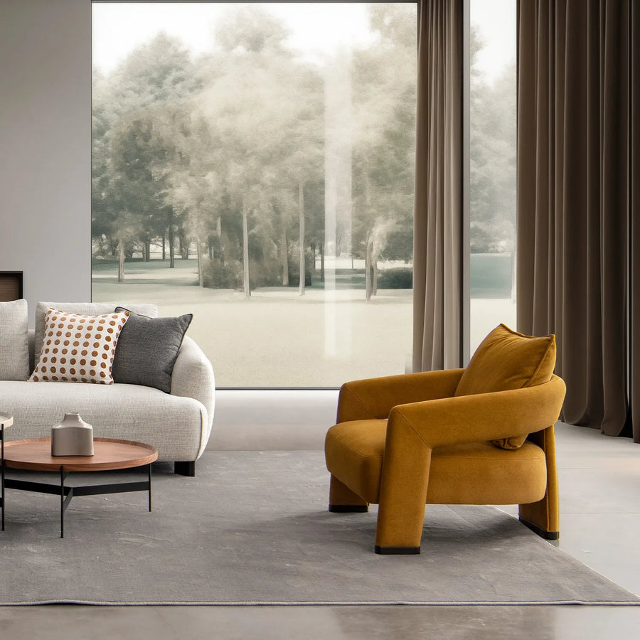 Modern suede fabric 1 seater sofa pheral primary product view.