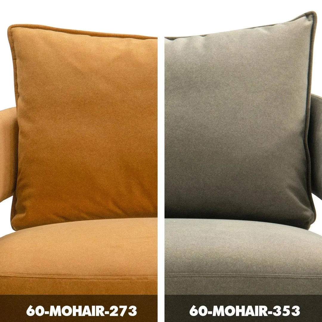 Modern suede fabric 1 seater sofa pheral color swatches.