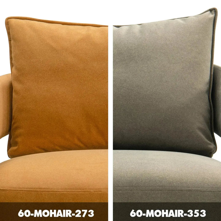 Modern suede fabric 1 seater sofa pheral color swatches.