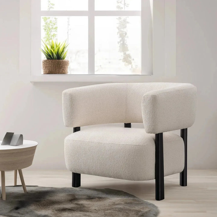 Modern boucle fabric 1 seater sofa topaz in still life.