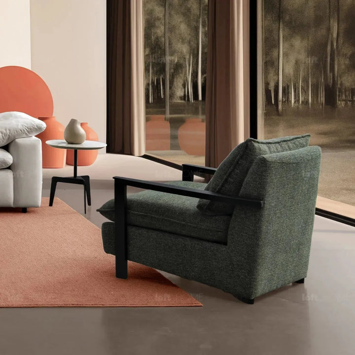 Modern mixed weave fabric 1 seater sofa turret in details.