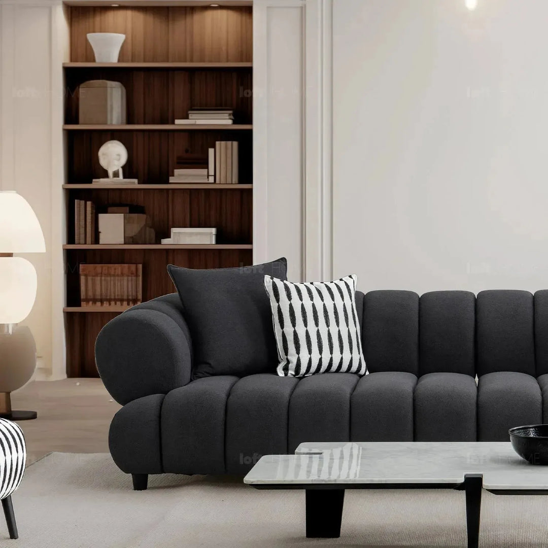 Modern sherpa fabric 5 seater sofa lace in close up details.