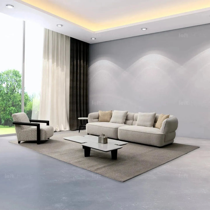 Modern mixed weave fabric 4 seater sofa manor in close up details.