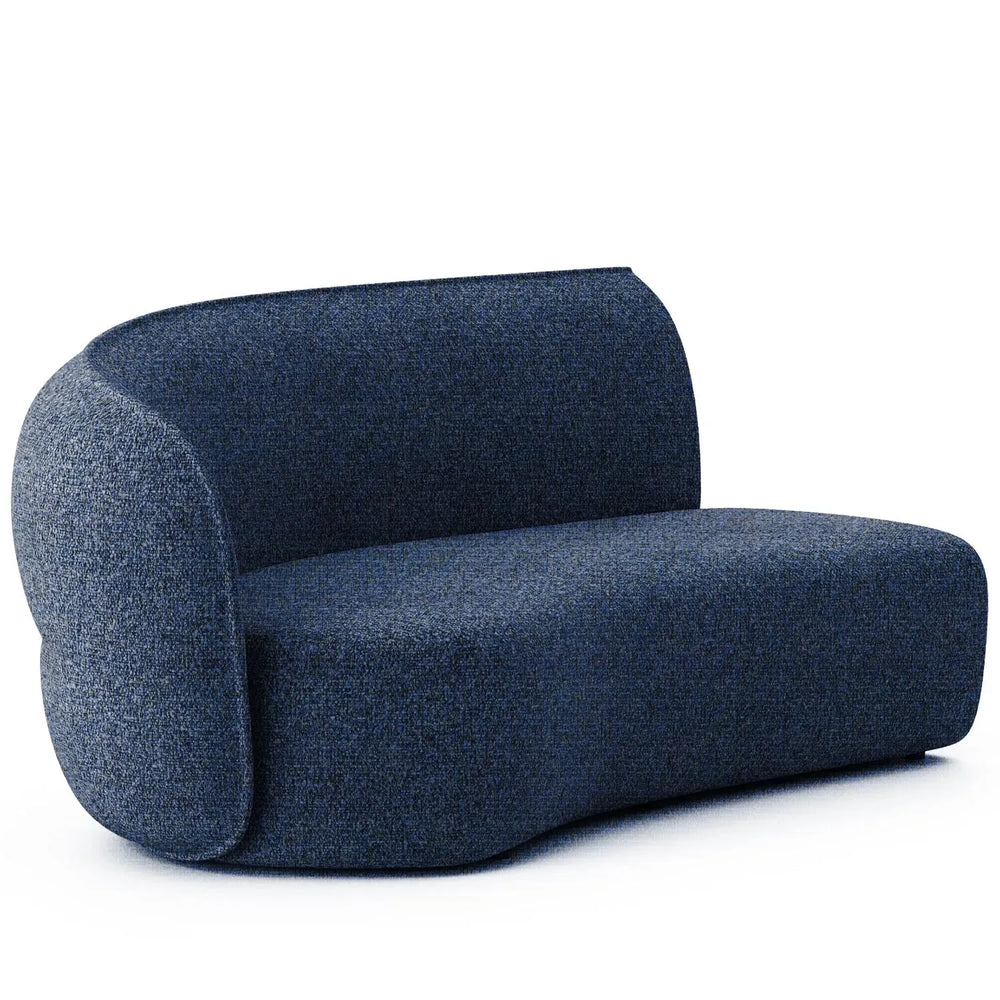 Minimalist fabric modular curved armrest corner 2 seater sofa pod in white background.