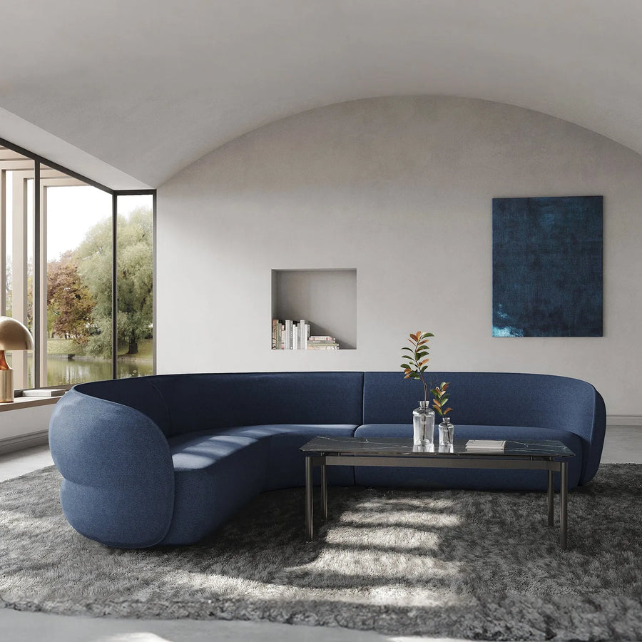 Minimalist fabric modular curved armless corner 2 seater sofa pod primary product view.