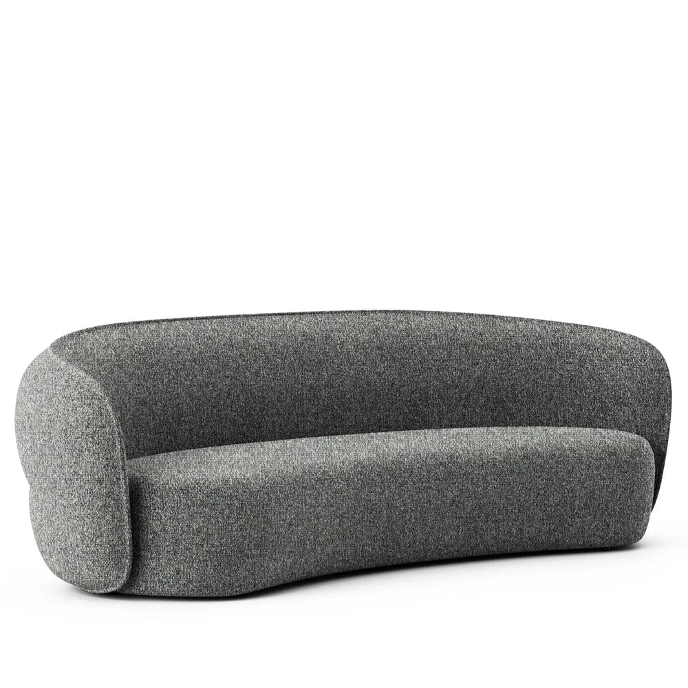 Minimalist fabric curved 4 seater sofa pod in white background.