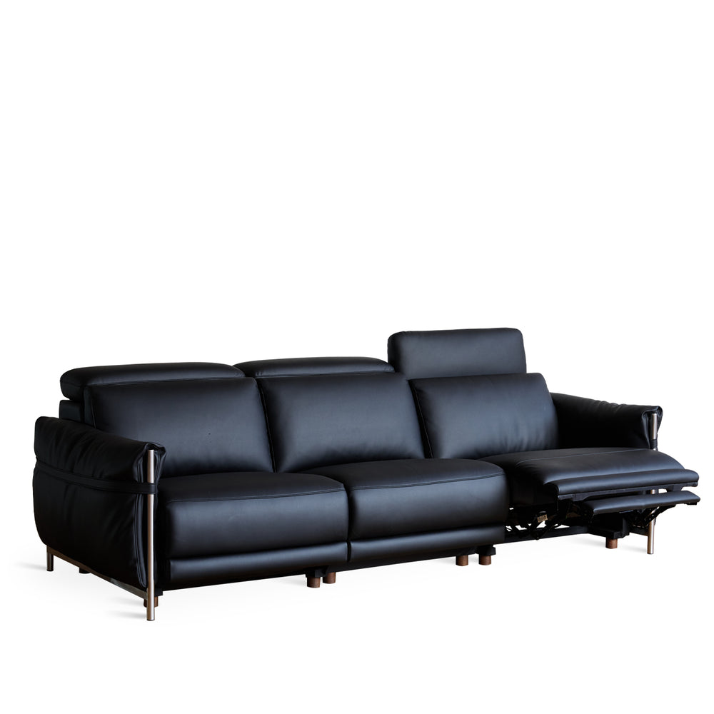 Minimalist genuine leather electric recliner 3 seater sofa calmera in white background.