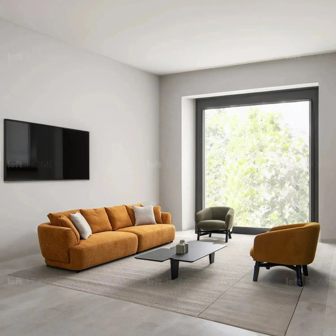 Modern mixed weave fabric 4 seater sofa elegant in close up details.