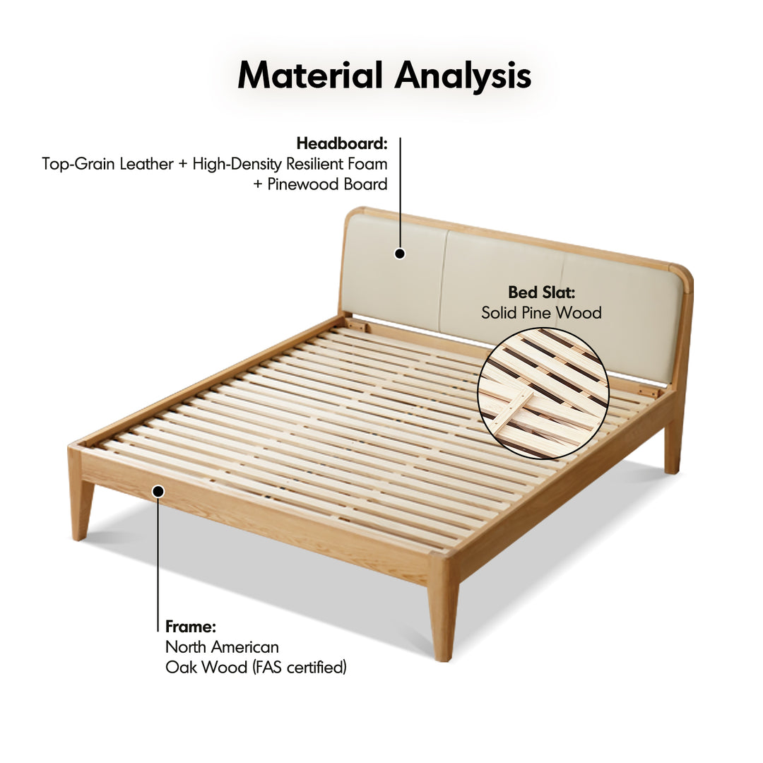 Minimalist oak wood genuine leather bed calm situational feels.