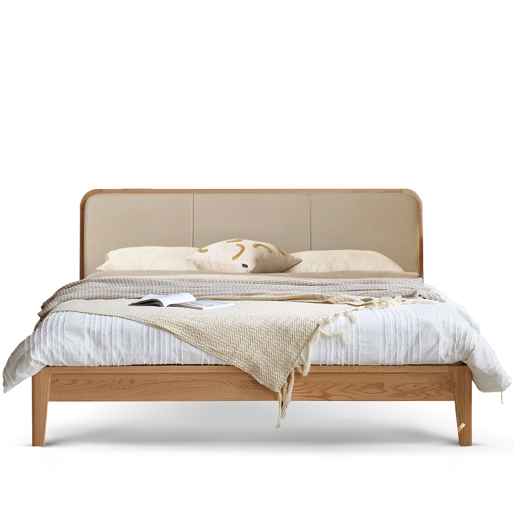 Minimalist oak wood genuine leather bed calm in white background.