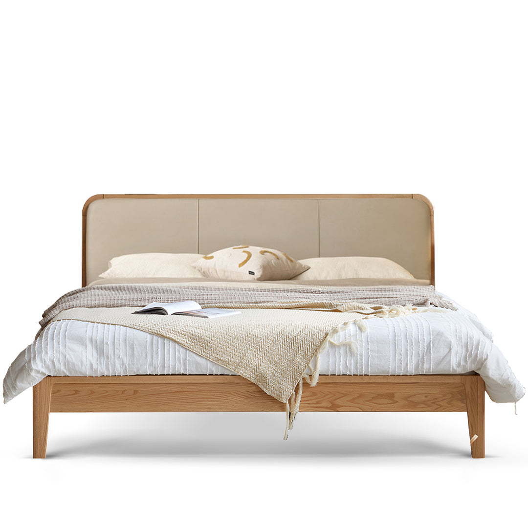 Minimalist oak wood genuine leather bed calm in white background.