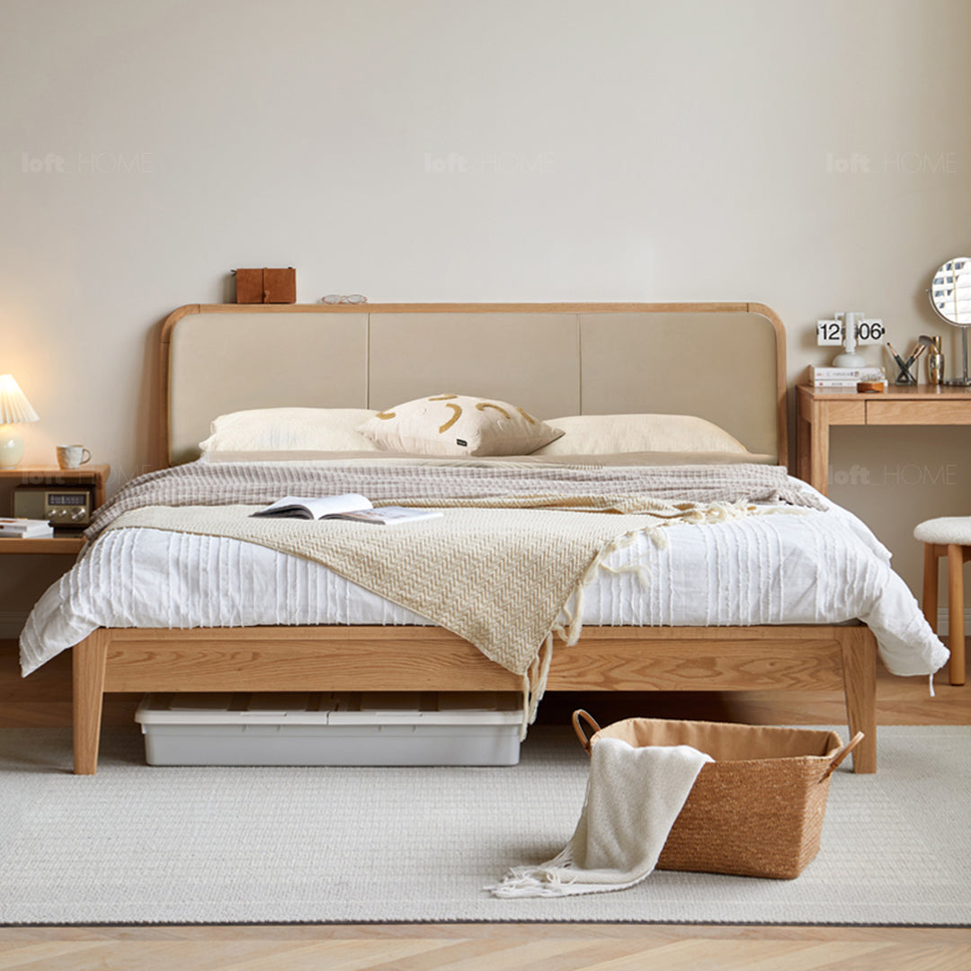 Minimalist oak wood genuine leather bed calm in real life style.
