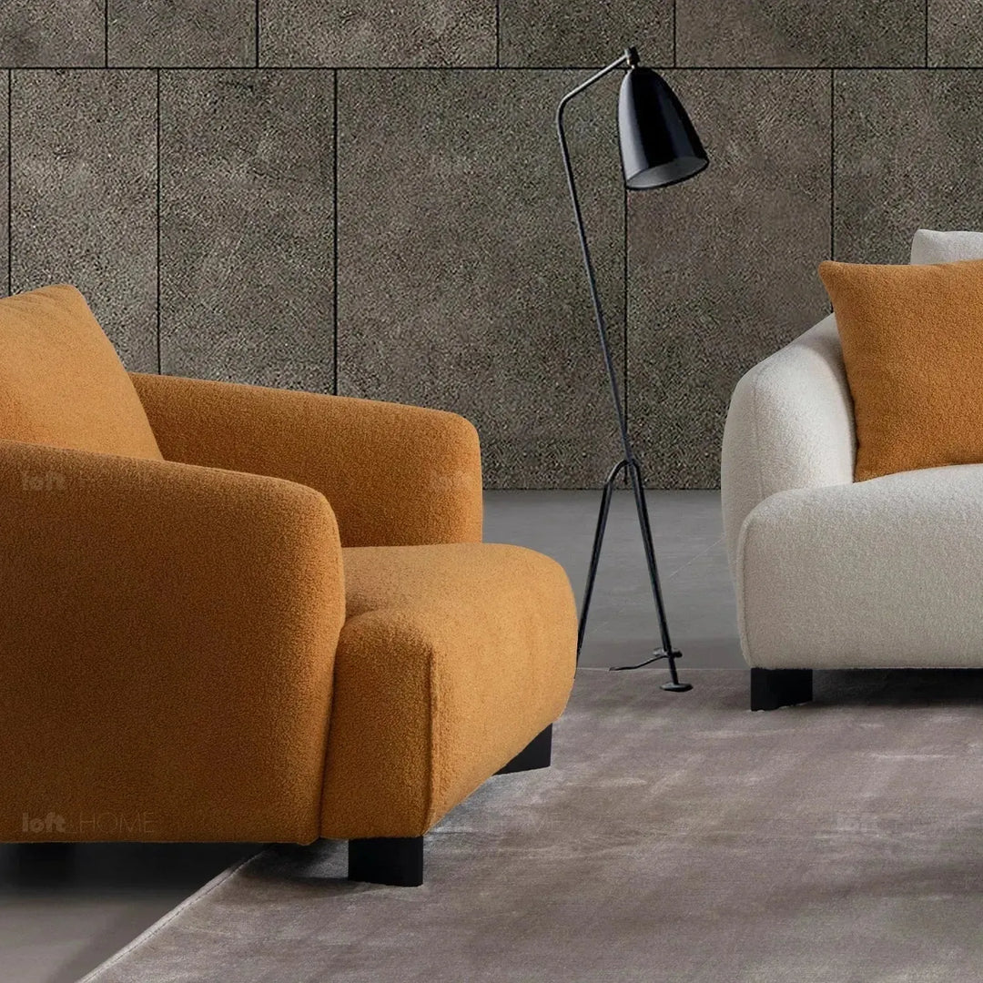 Modern sherpa fabric 1 seater sofa saffron in details.