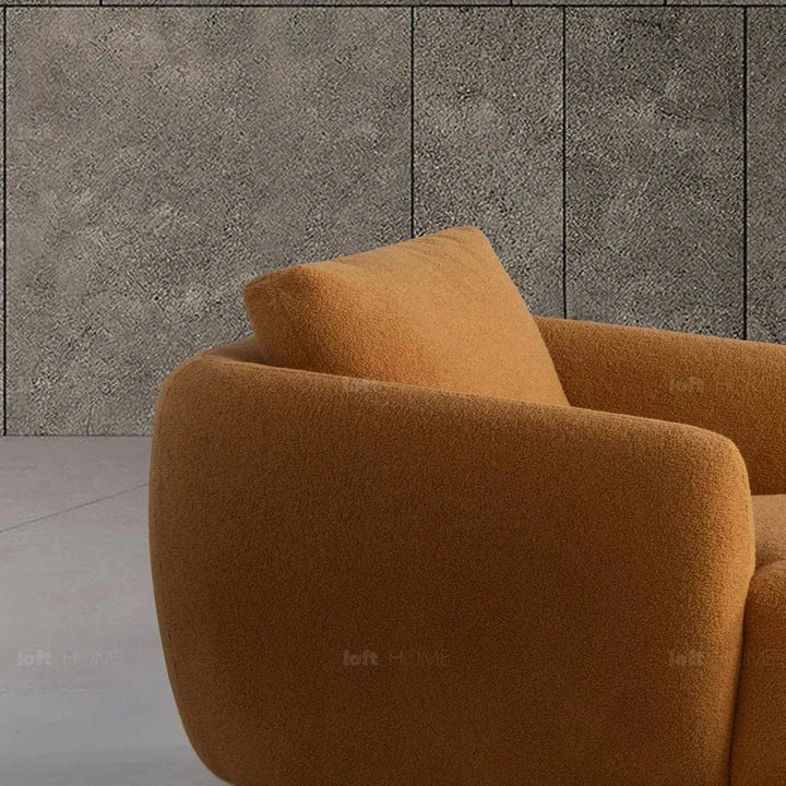 Modern sherpa fabric 1 seater sofa saffron in close up details.