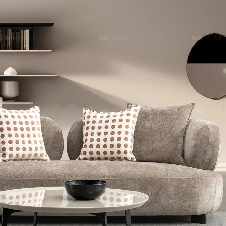 Cream sherpa fabric 3 seater sofa calyx in panoramic view.