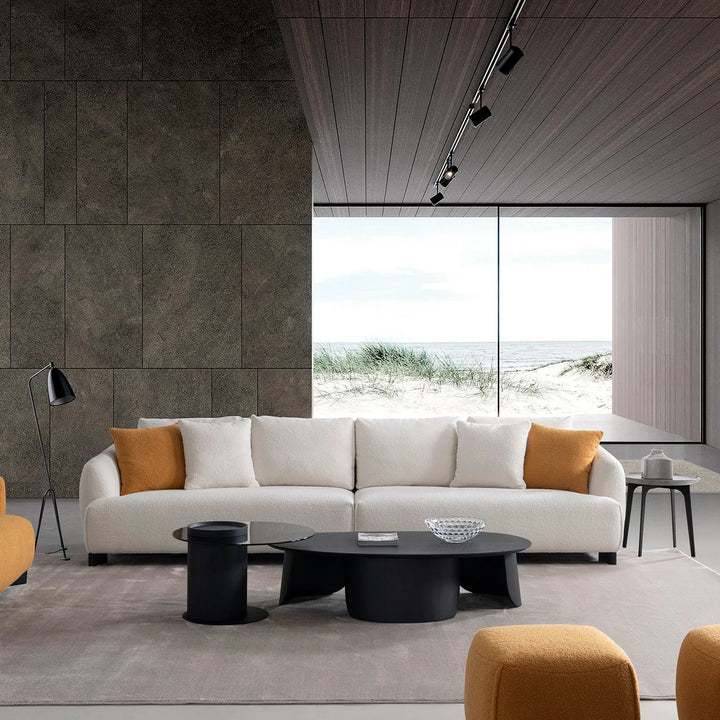 Modern sherpa fabric 5 seater sofa saffron primary product view.