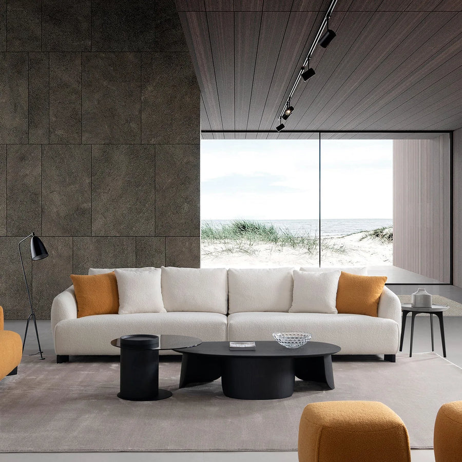 Modern sherpa fabric 5 seater sofa saffron primary product view.
