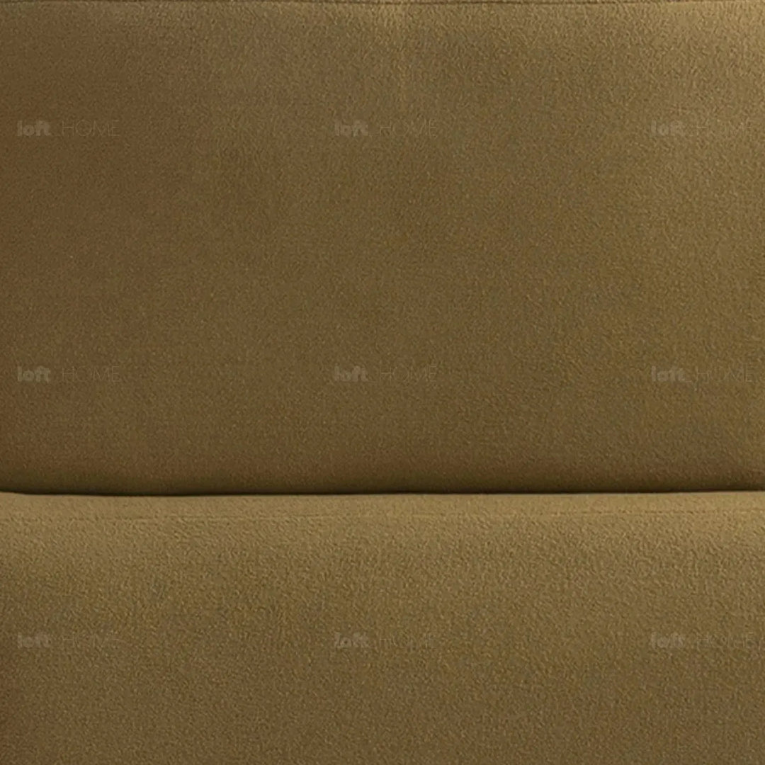 Cream sherpa fabric 5 seater sofa arch in panoramic view.