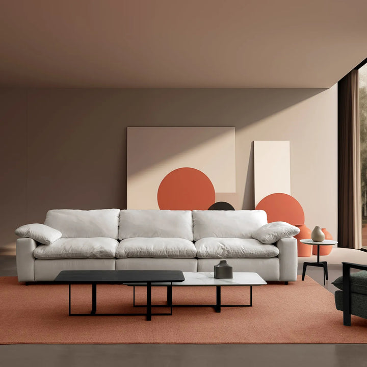 Minimalist suede fabric 5 seater sofa cloud primary product view.