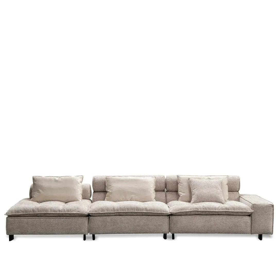 Modern mixed weave fabric 5 seater sofa aumn in panoramic view.