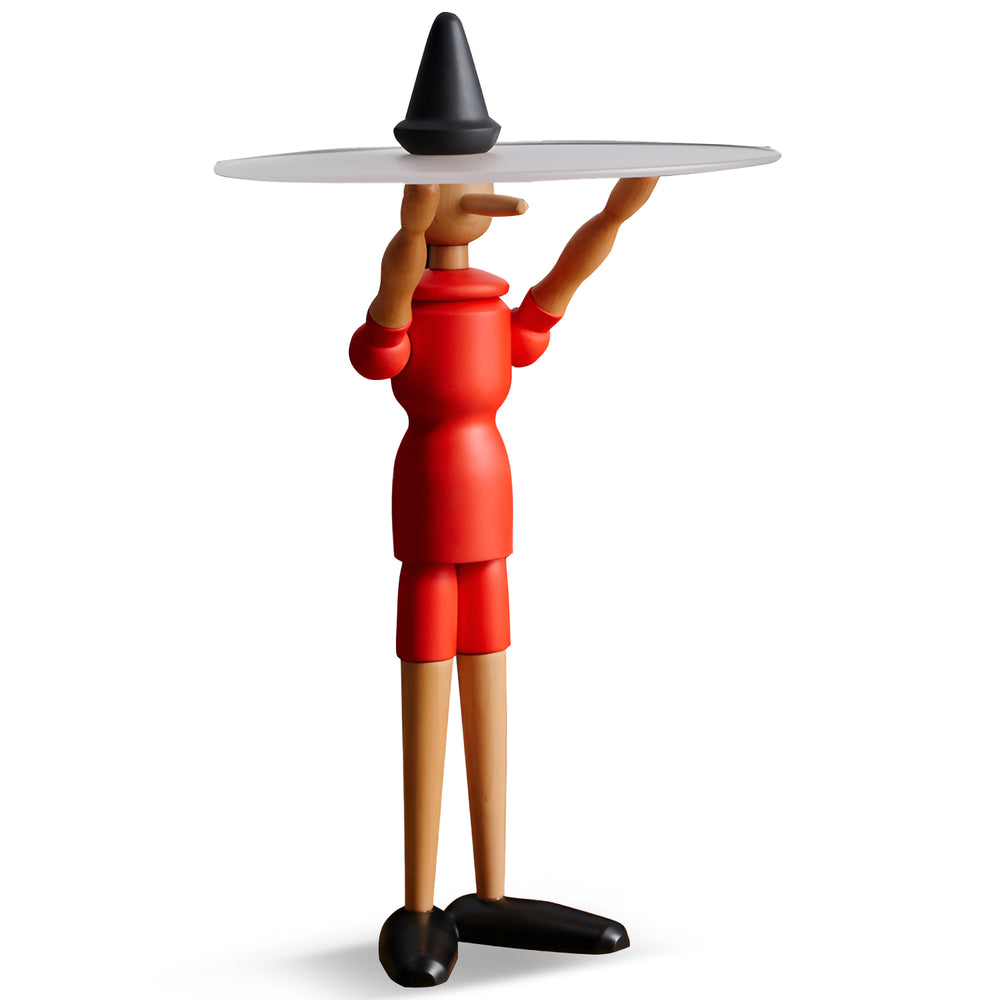 Contemporary beech wood side table pinocchio in white background.