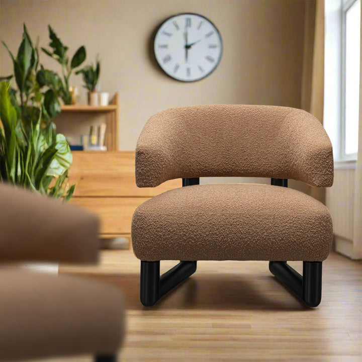 Cream boucle fabric 1 seater sofa arc in panoramic view.