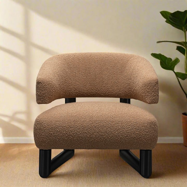 Cream boucle fabric 1 seater sofa arc in still life.
