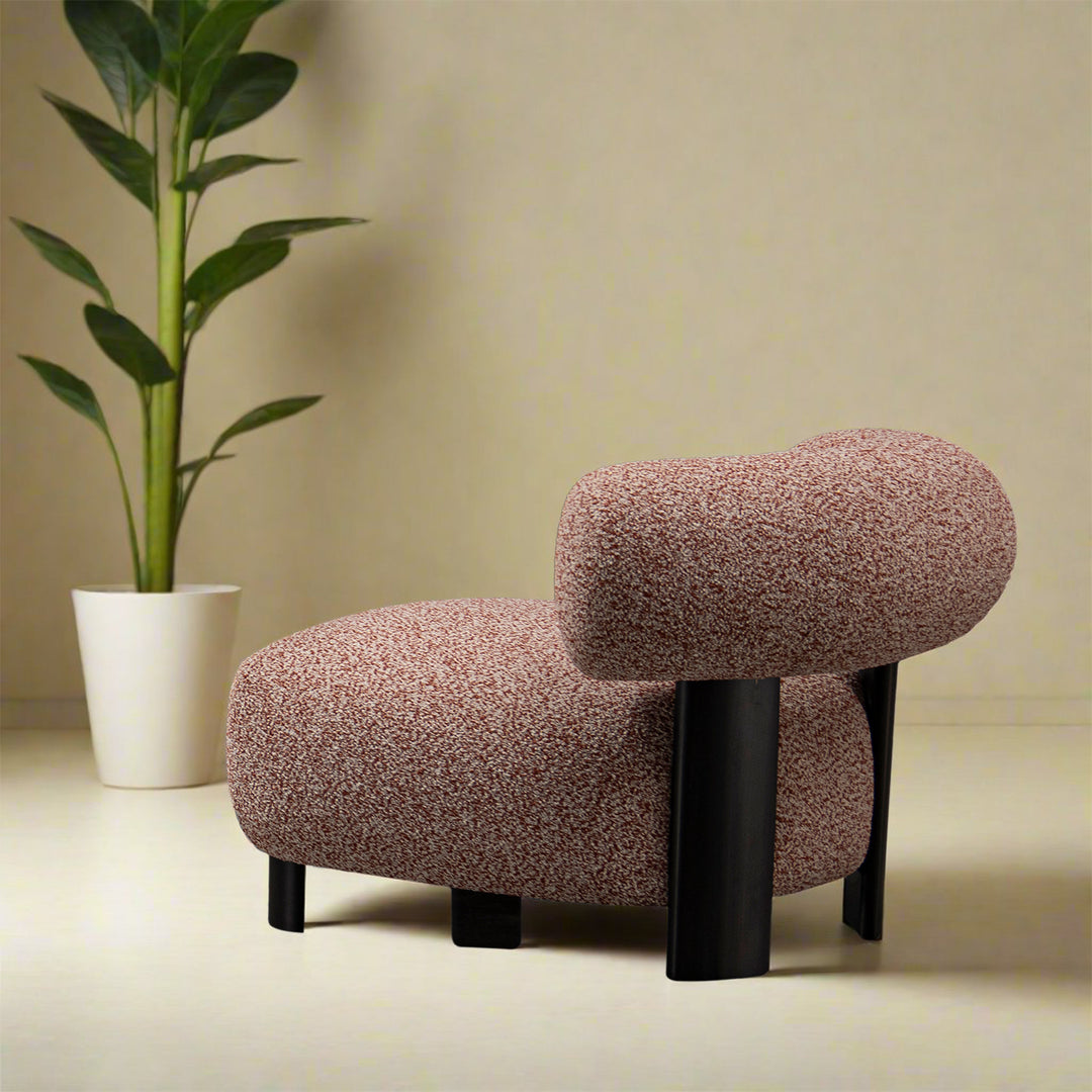 Cream boucle fabric 1 seater sofa bubble in close up details.