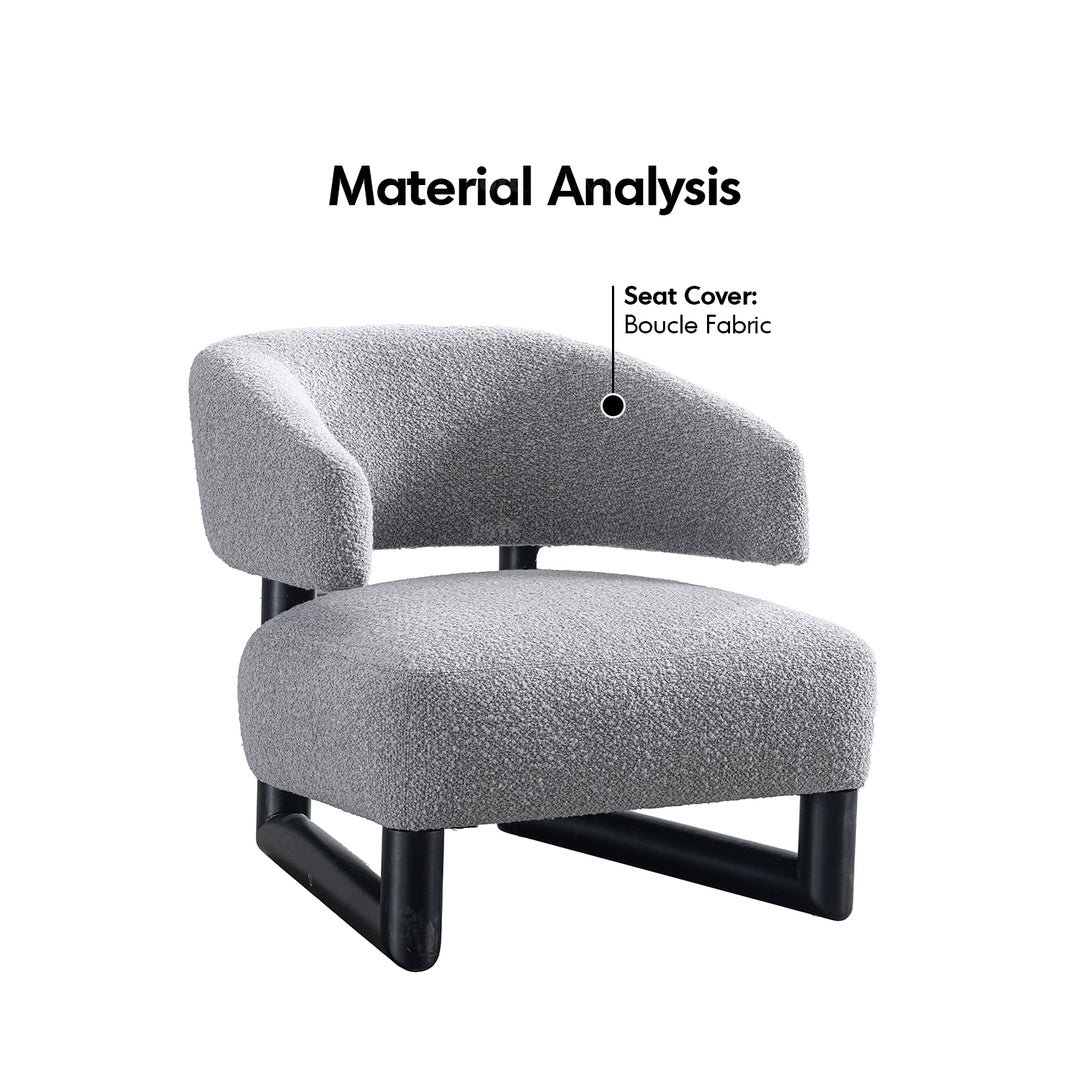 Modern boucle fabric 1 seater sofa miroo in close up details.
