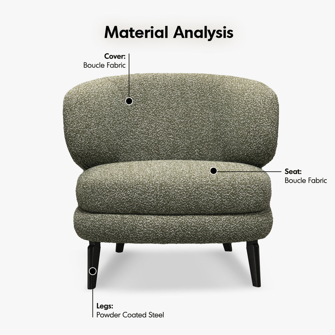 Cream boucle fabric 1 seater sofa moss in close up details.